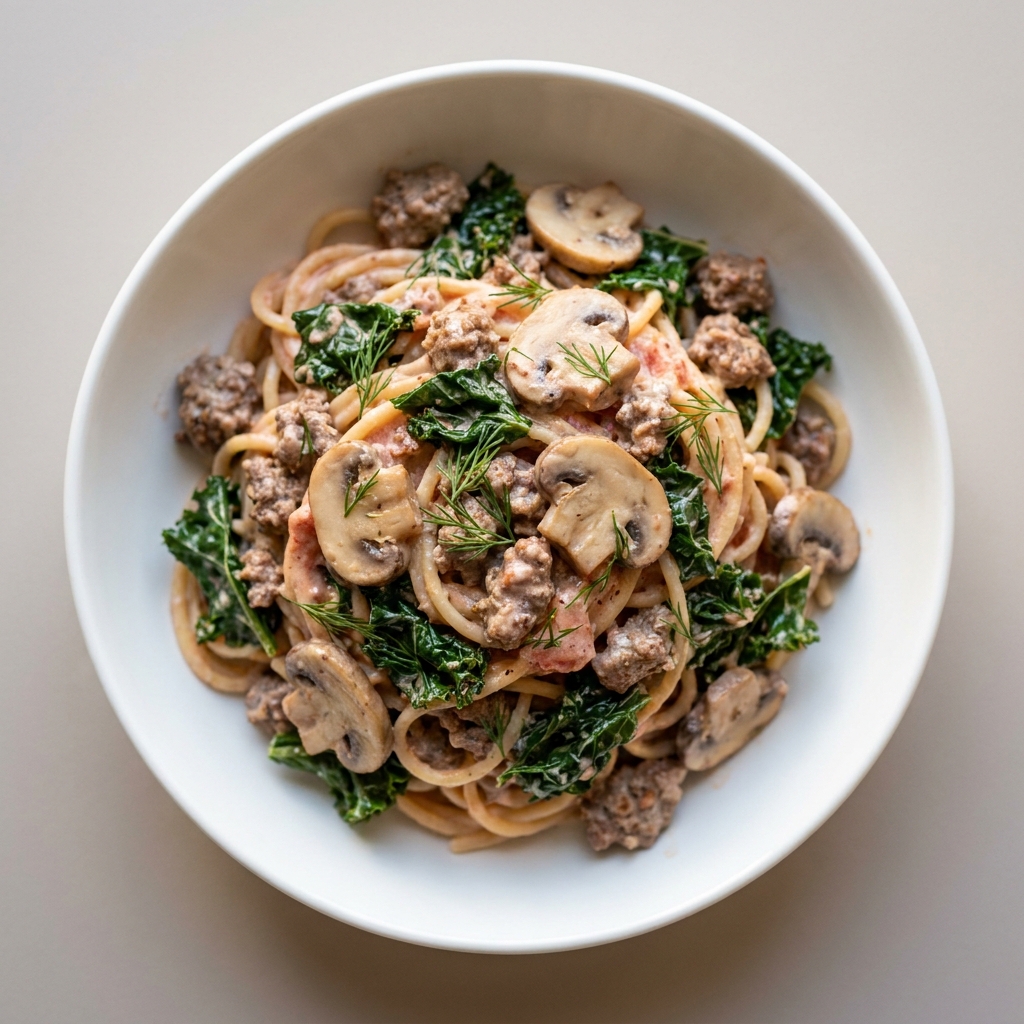 Creamy Beef, Mushroom and Kale Pasta, prepared as a finished Lila recipe