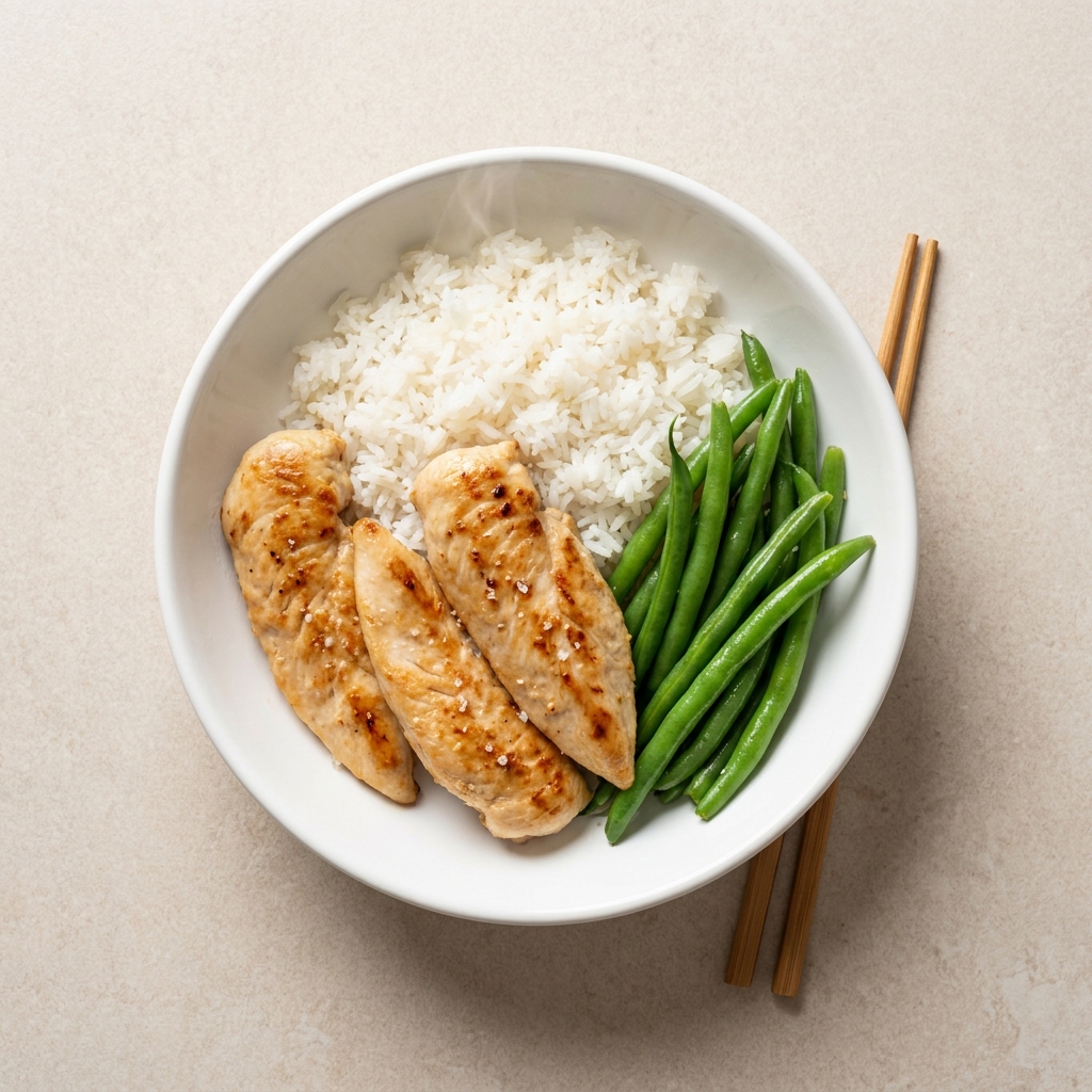 Seared Chicken Tenders with Jasmine Rice and Green Beans, prepared as a finished Lila recipe