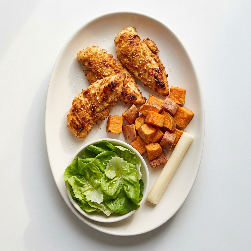 Air-Fried Chicken Tenders with Sweet Potato and Greens, prepared as a finished Lila recipe