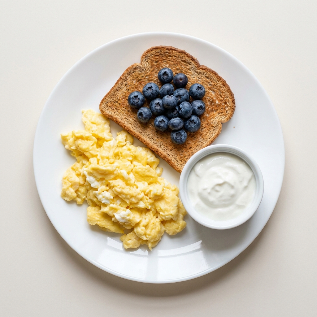 Fluffy Scrambled Eggs With Berry Whole Wheat Toast, prepared as a finished Lila recipe