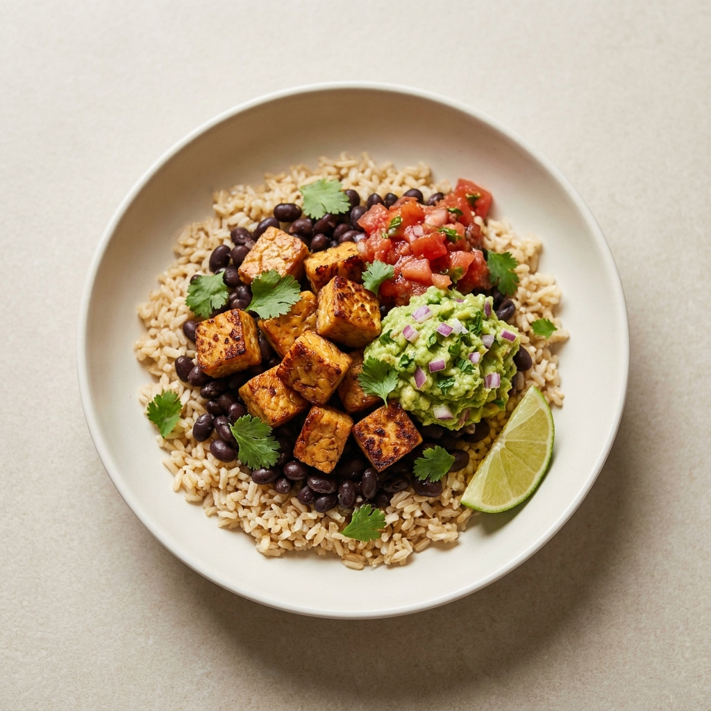 High Protein Tempeh Burrito Bowl with Homemade Guacamole, prepared as a finished Lila recipe
