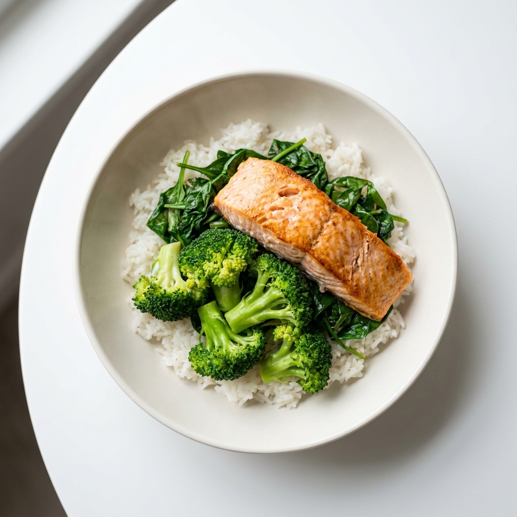 Salmon Broccoli and Spinach Rice Bowl, prepared as a finished Lila recipe
