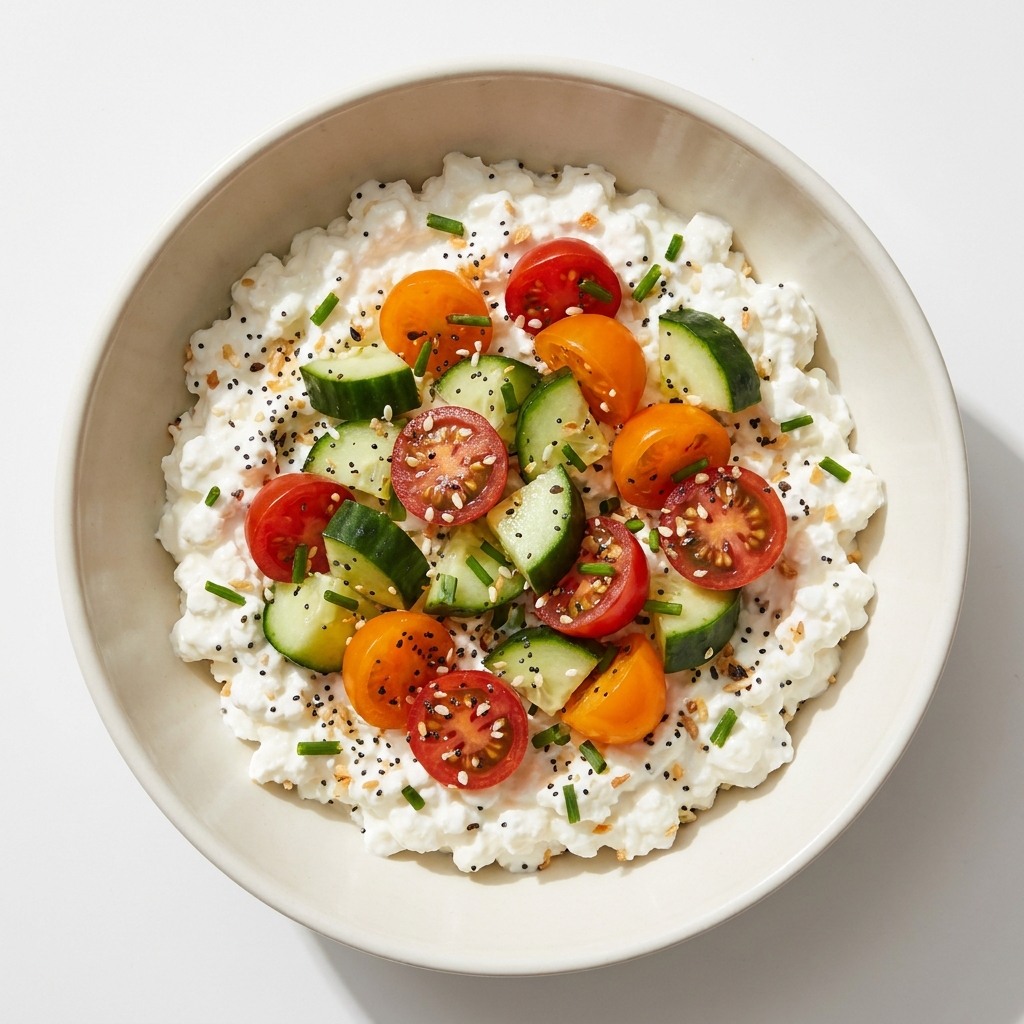Savory Everything Cottage Cheese and Cucumber Bowl, prepared as a finished Lila recipe