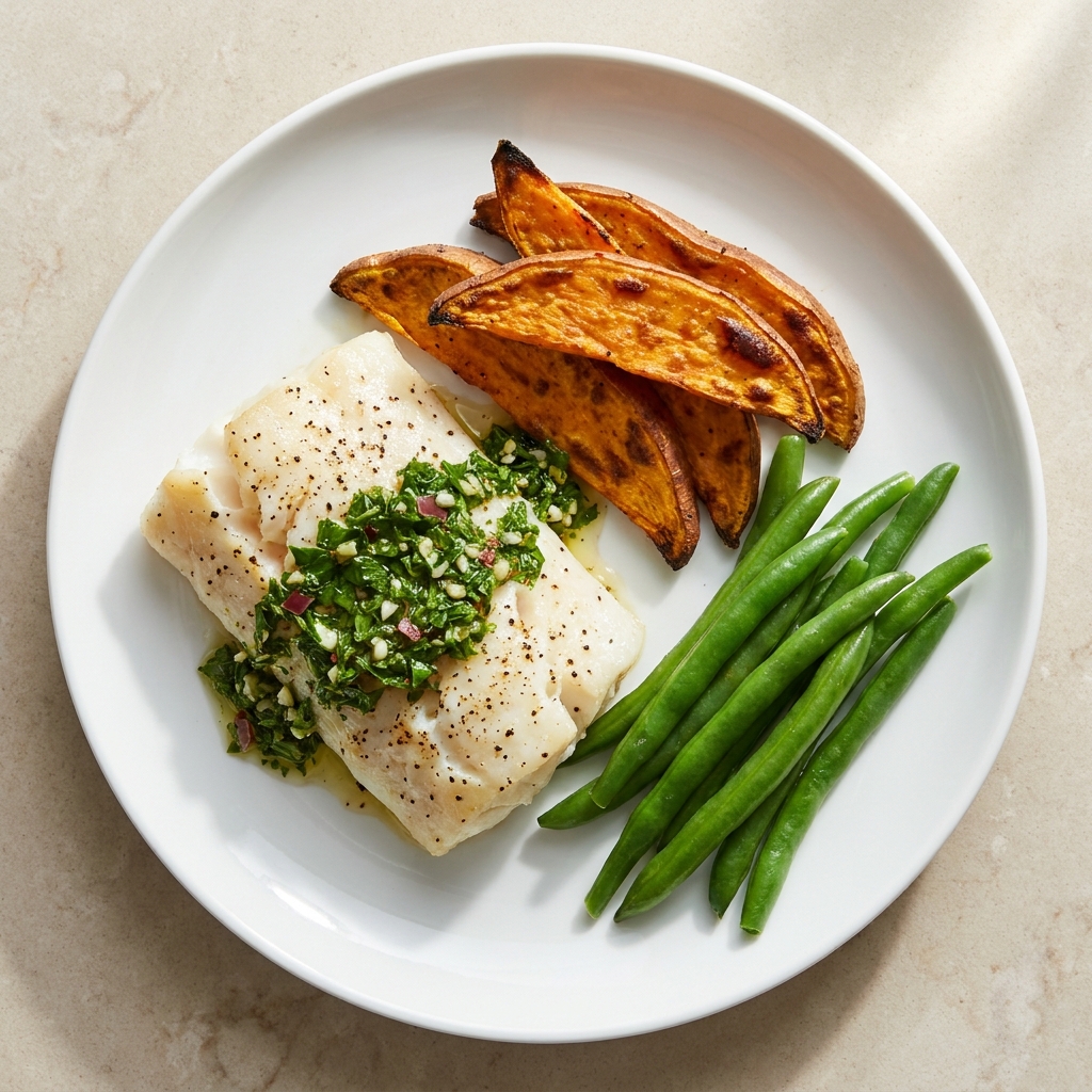 Baked Cod with Chimichurri and Sweet Potato Wedges, prepared as a finished Lila recipe