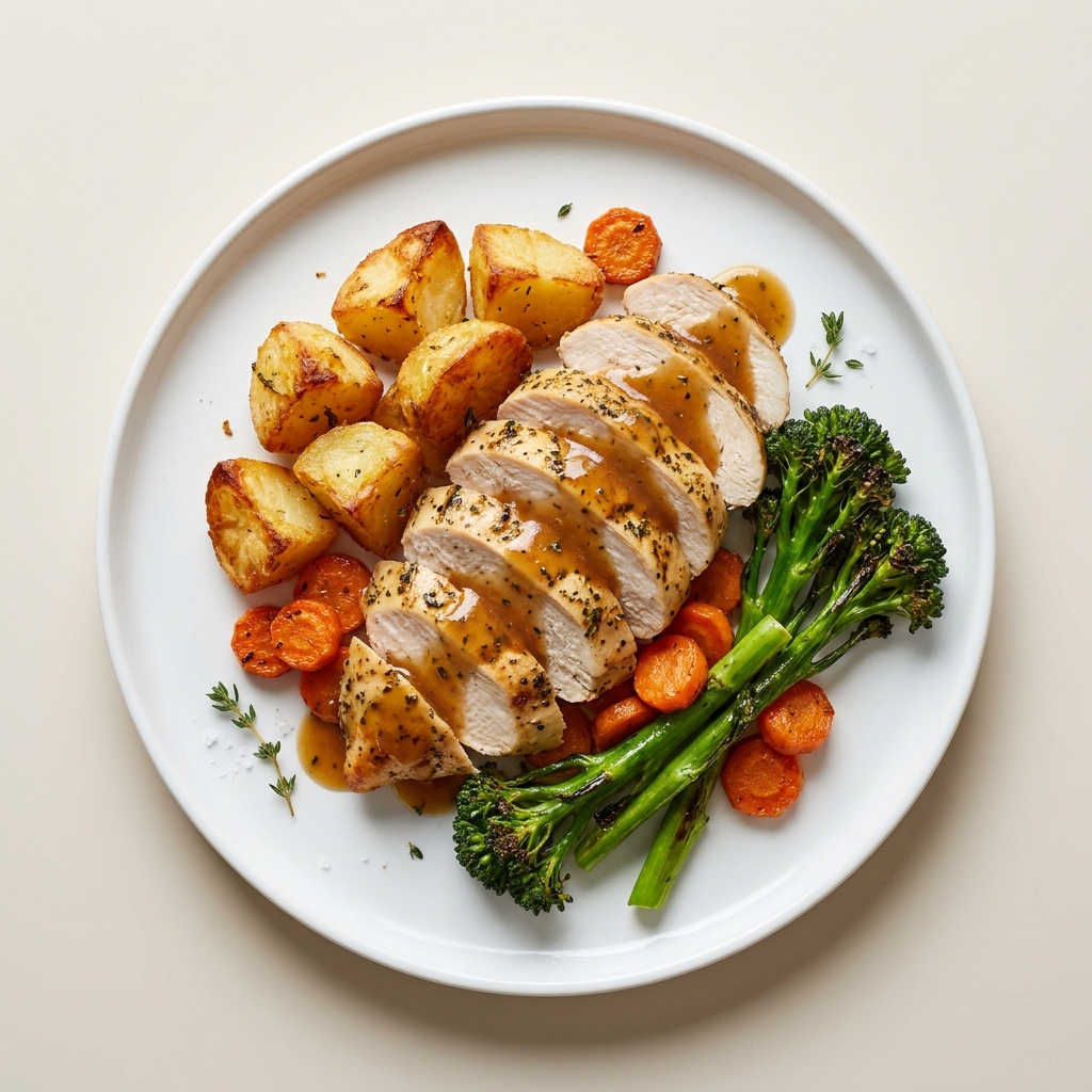 UK Roast Chicken Breast with Crispy Potatoes and Gravy, prepared as a finished Lila recipe