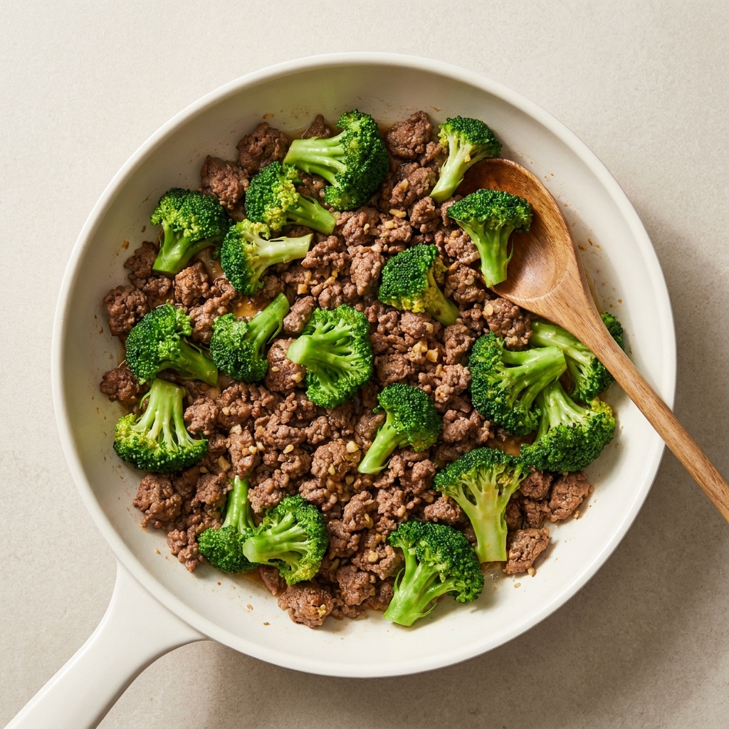 15 Minute Garlic Beef and Broccoli Skillet, prepared as a finished Lila recipe