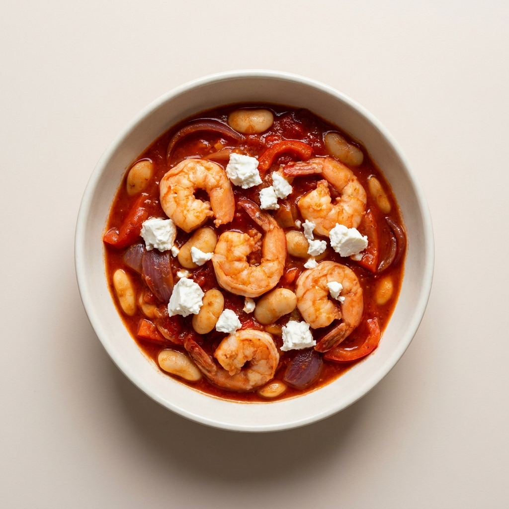 Spanish King Prawn and Butter Bean Stew with Goat Cheese, prepared as a finished Lila recipe