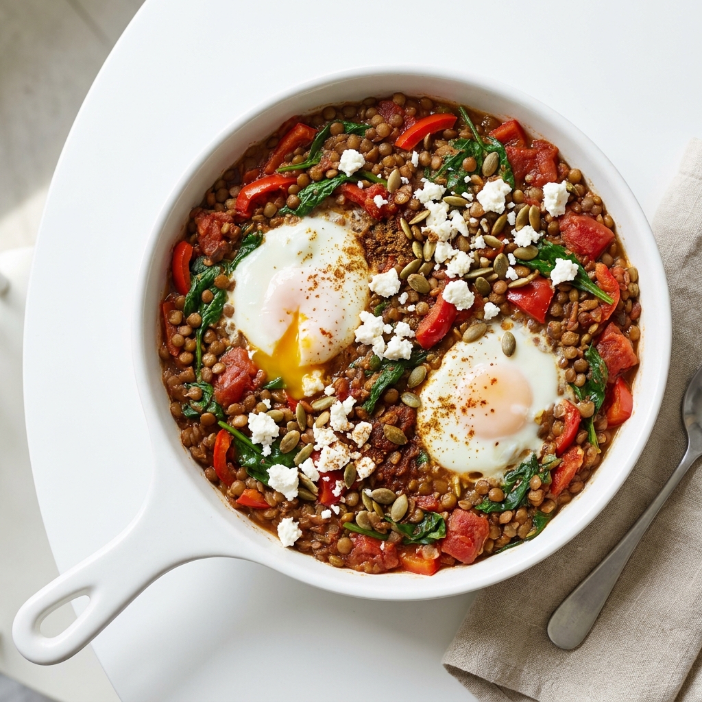 Spiced Lentil and Spinach Shakshuka with Sheep Feta, prepared as a finished Lila recipe
