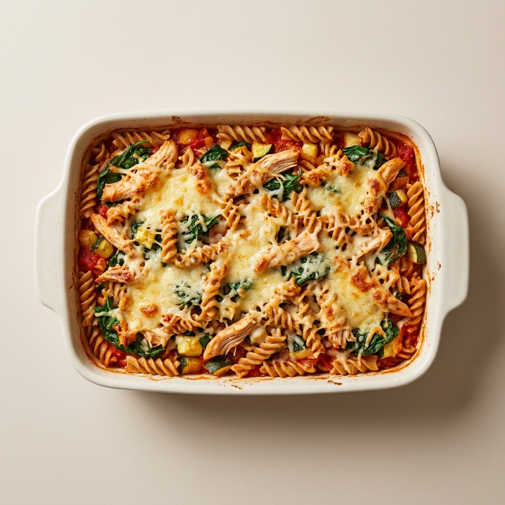 High-Protein Shredded Chicken and Spinach Pasta Bake, prepared as a finished Lila recipe