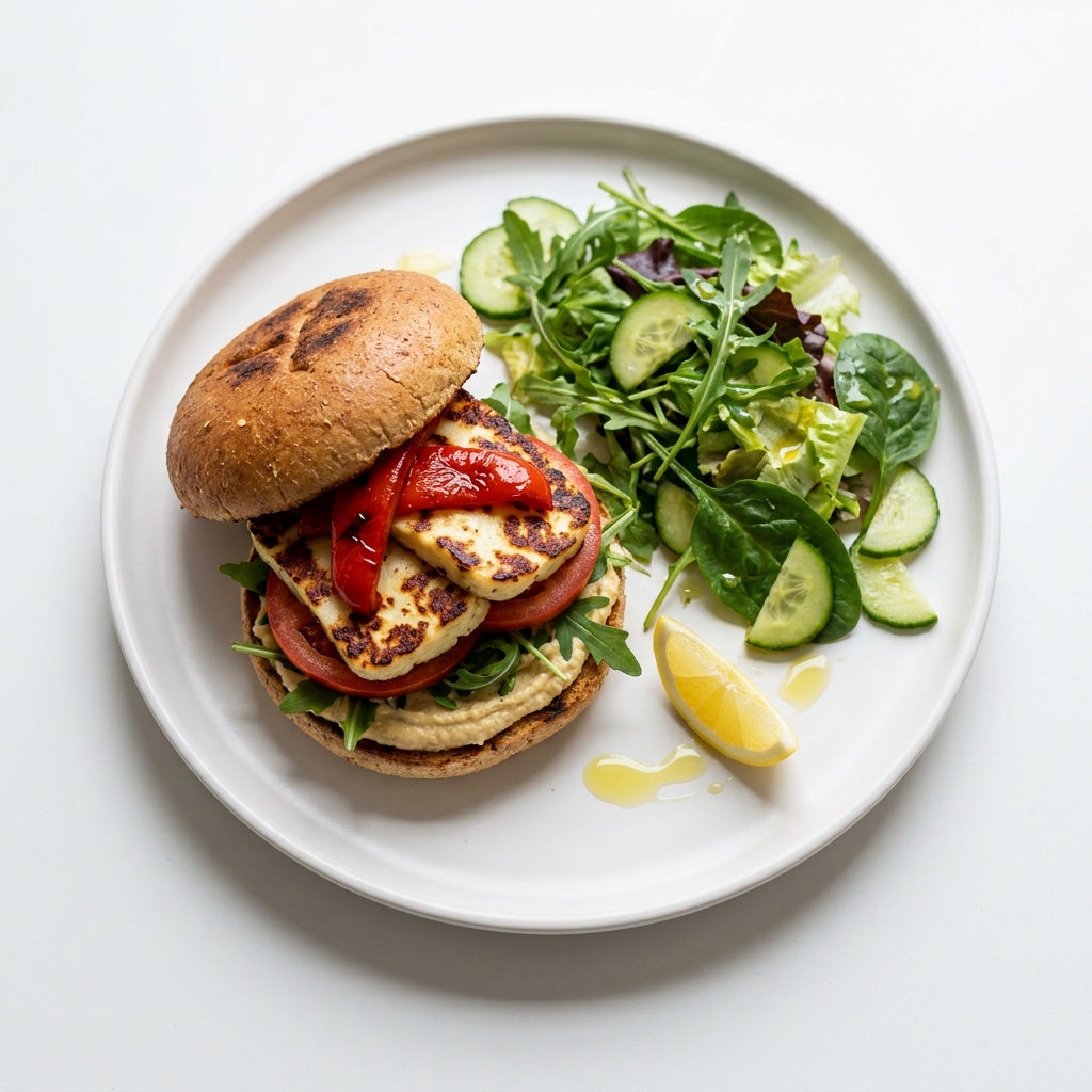 Grilled Halloumi and Roasted Pepper Wholemeal Burger, prepared as a finished Lila recipe
