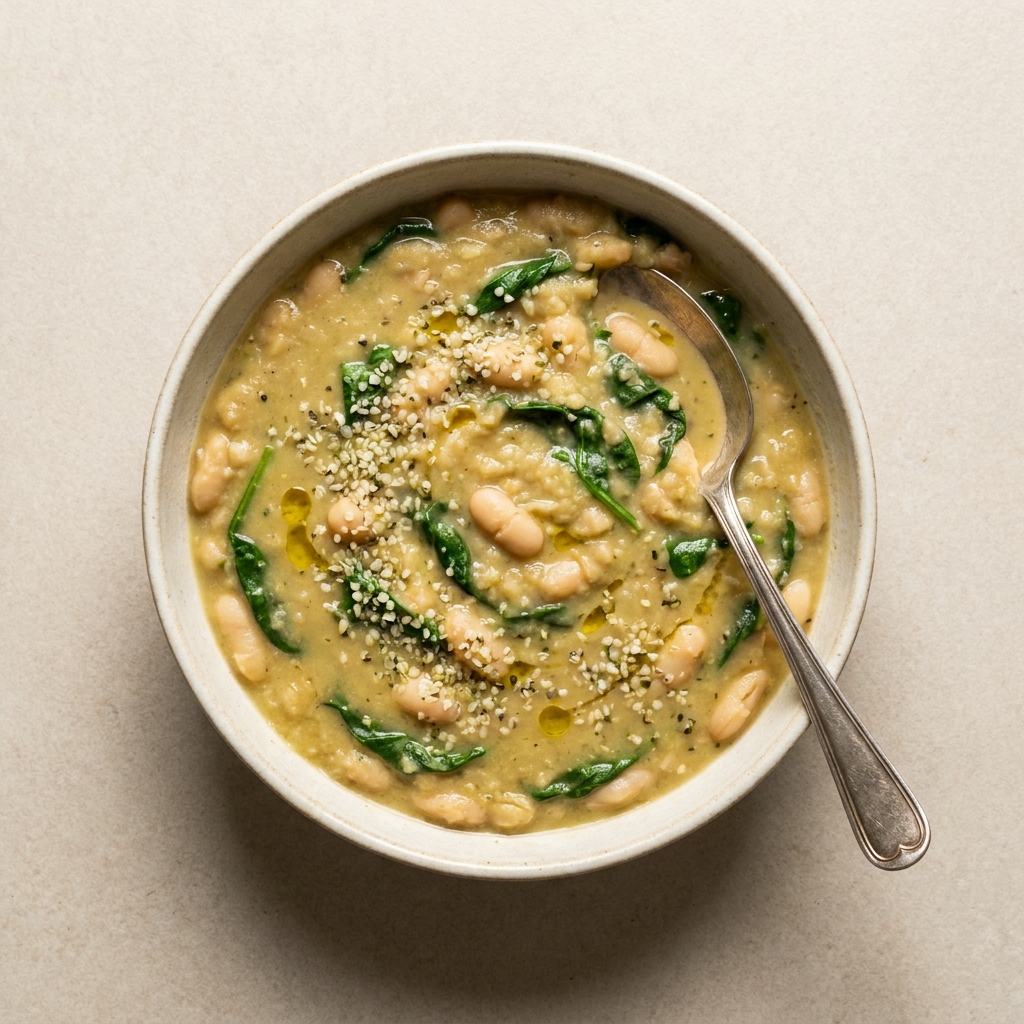 Creamy Tuscan White Bean and Hemp Stew, prepared as a finished Lila recipe
