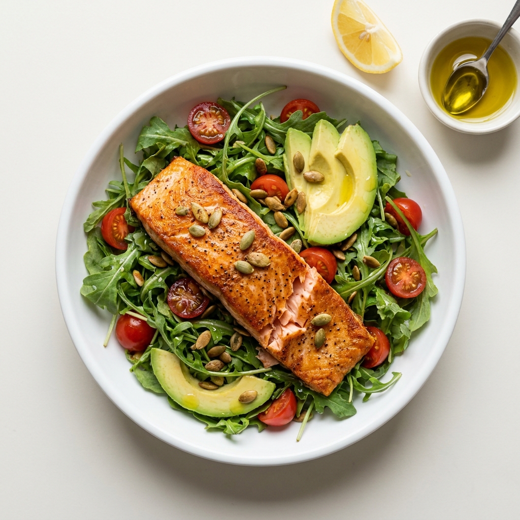 Pan-Seared Salmon and Arugula Bowl, prepared as a finished Lila recipe