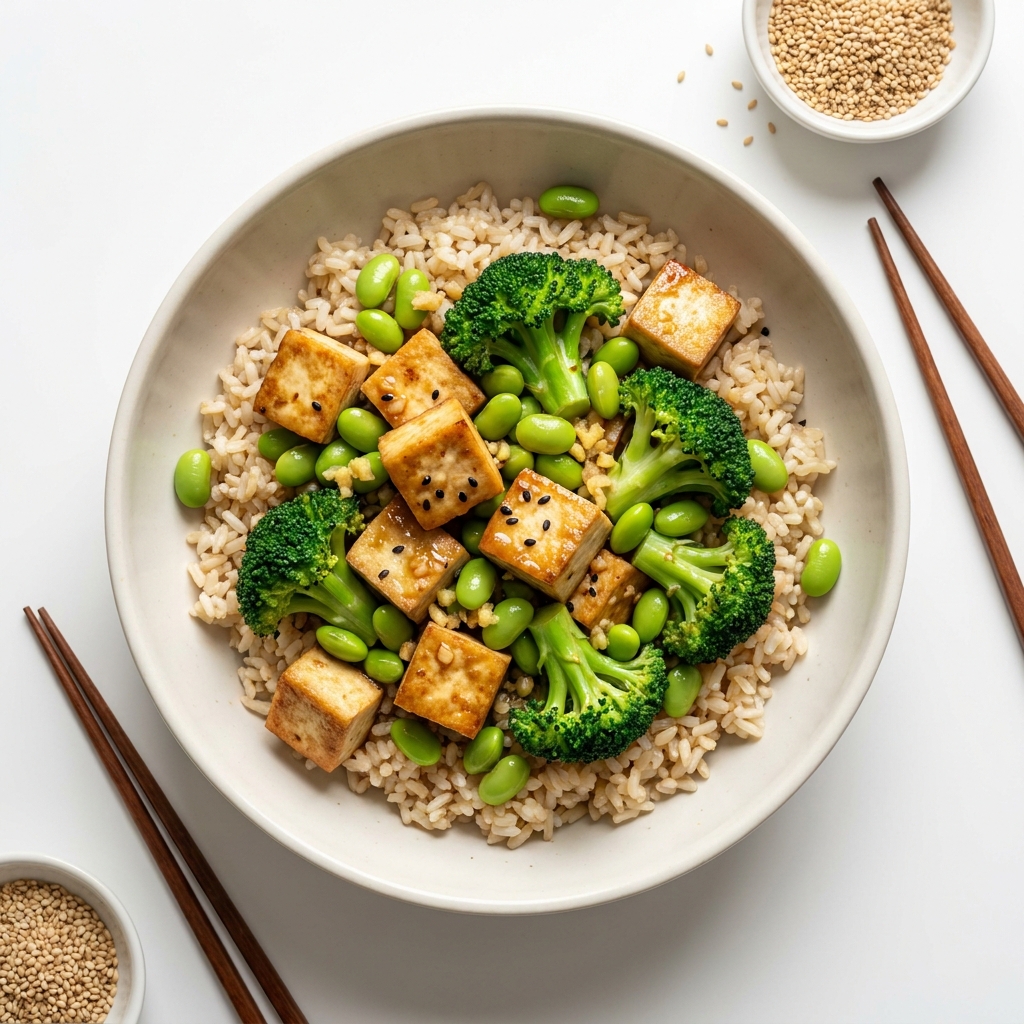 Sesame Ginger Tofu and Edamame Bowl, prepared as a finished Lila recipe