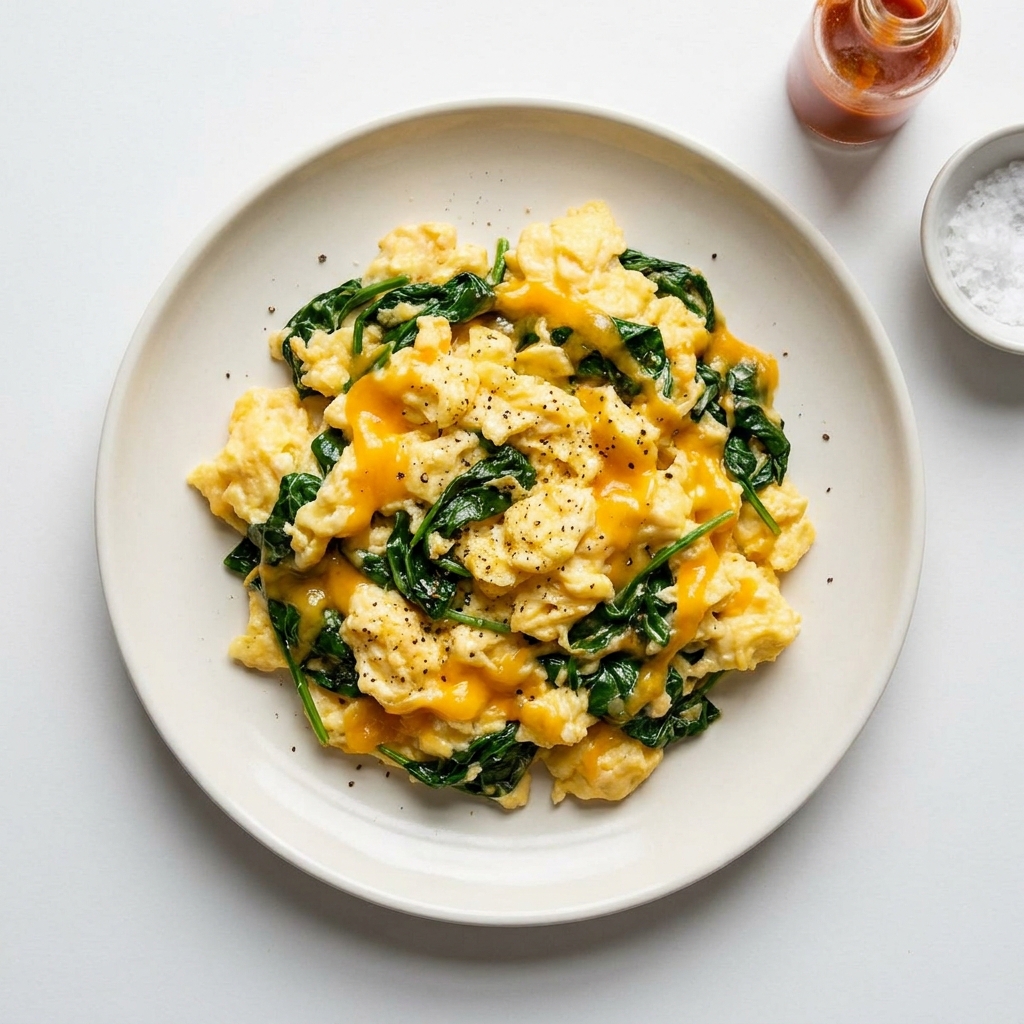 Spinach and Cheddar Egg Scramble, prepared as a finished Lila recipe