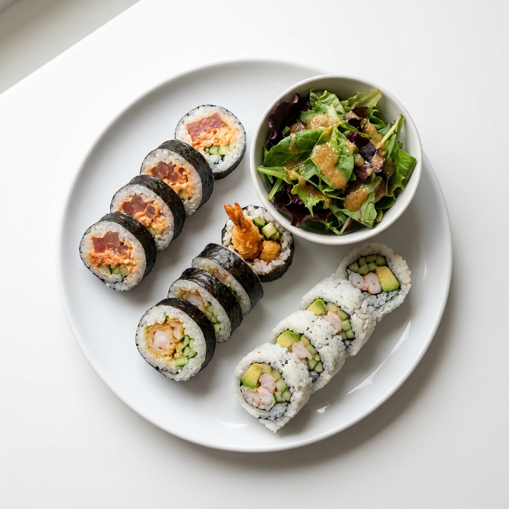 Three Roll Sushi Lunch Special with Ginger Side Salad, prepared as a finished Lila recipe