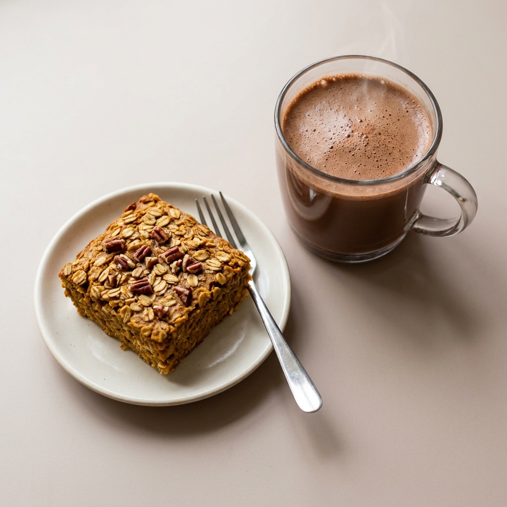 Baked Pumpkin Spice Oats with Warm Chocolate Protein Drink, prepared as a finished Lila recipe