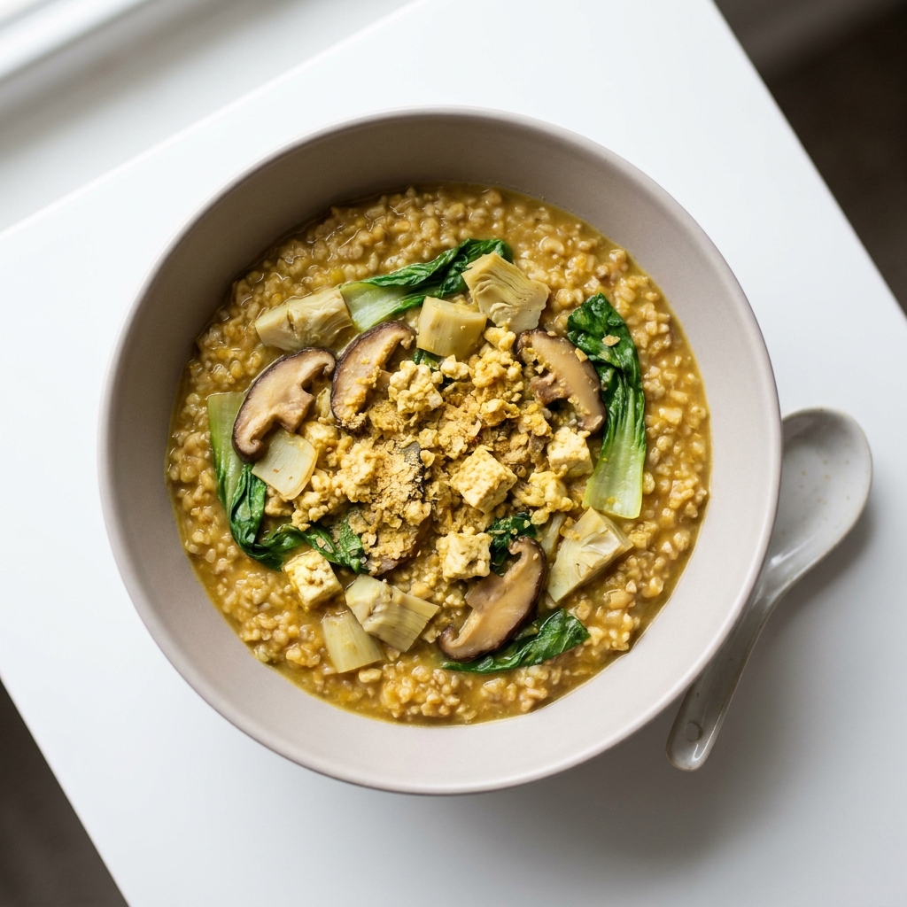 Savory Steel-Cut Oat and Tofu Porridge, prepared as a finished Lila recipe