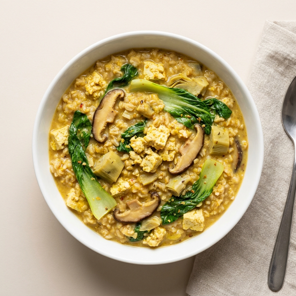 Savory Steel-Cut Oat and Tofu Porridge Batch, prepared as a finished Lila recipe