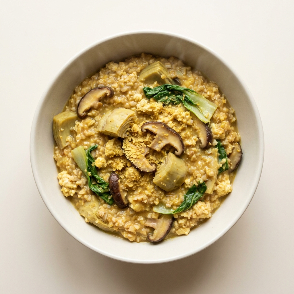 Savory Steel-Cut Oat and Tofu Porridge Portion, prepared as a finished Lila recipe
