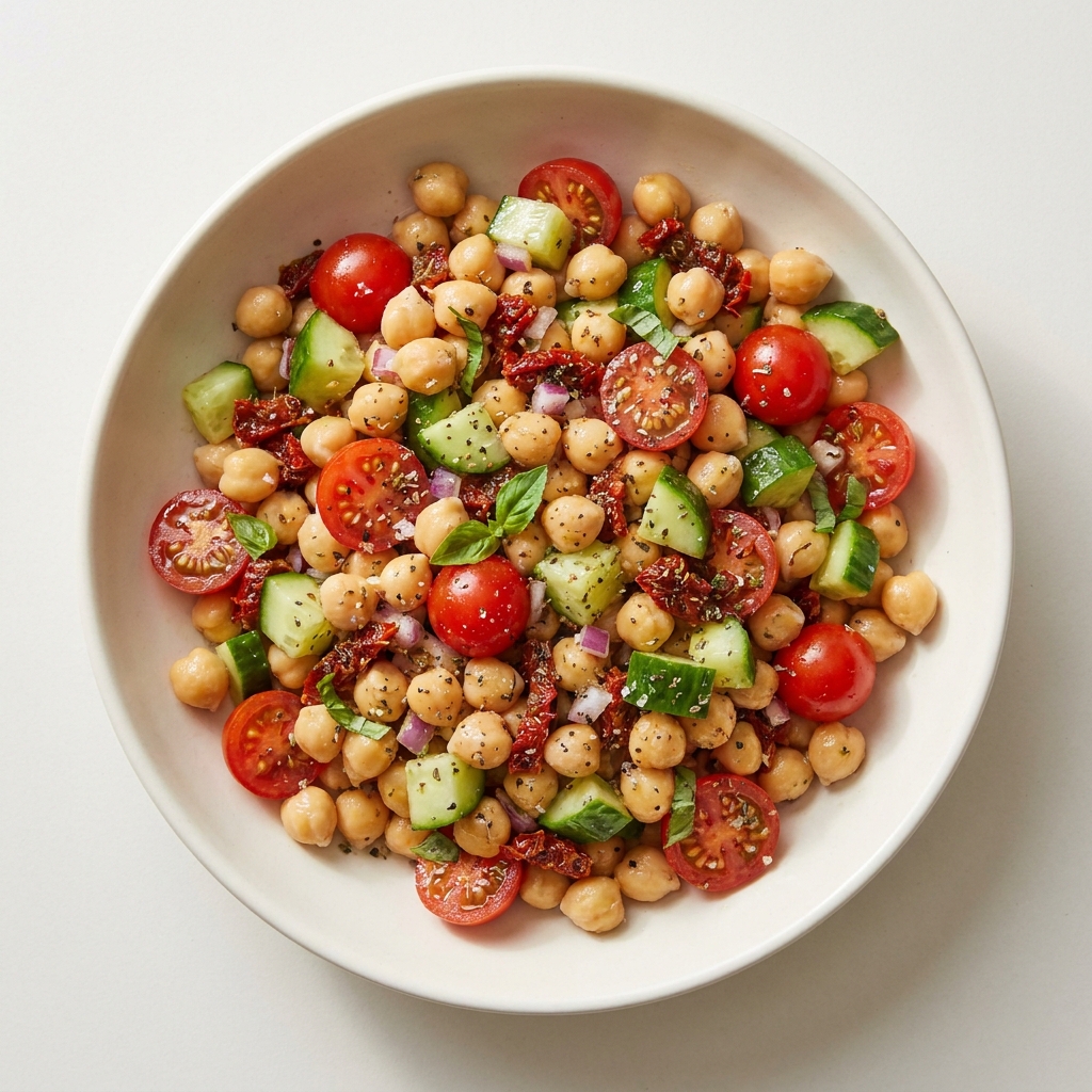 Italian Chickpea and Sun-Dried Tomato Side Salad, prepared as a finished Lila recipe