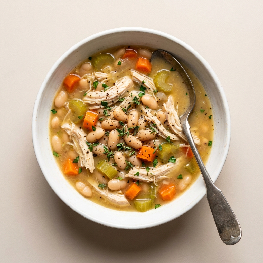 Hearty Slow Cooker Chicken and White Bean Soup, prepared as a finished Lila recipe