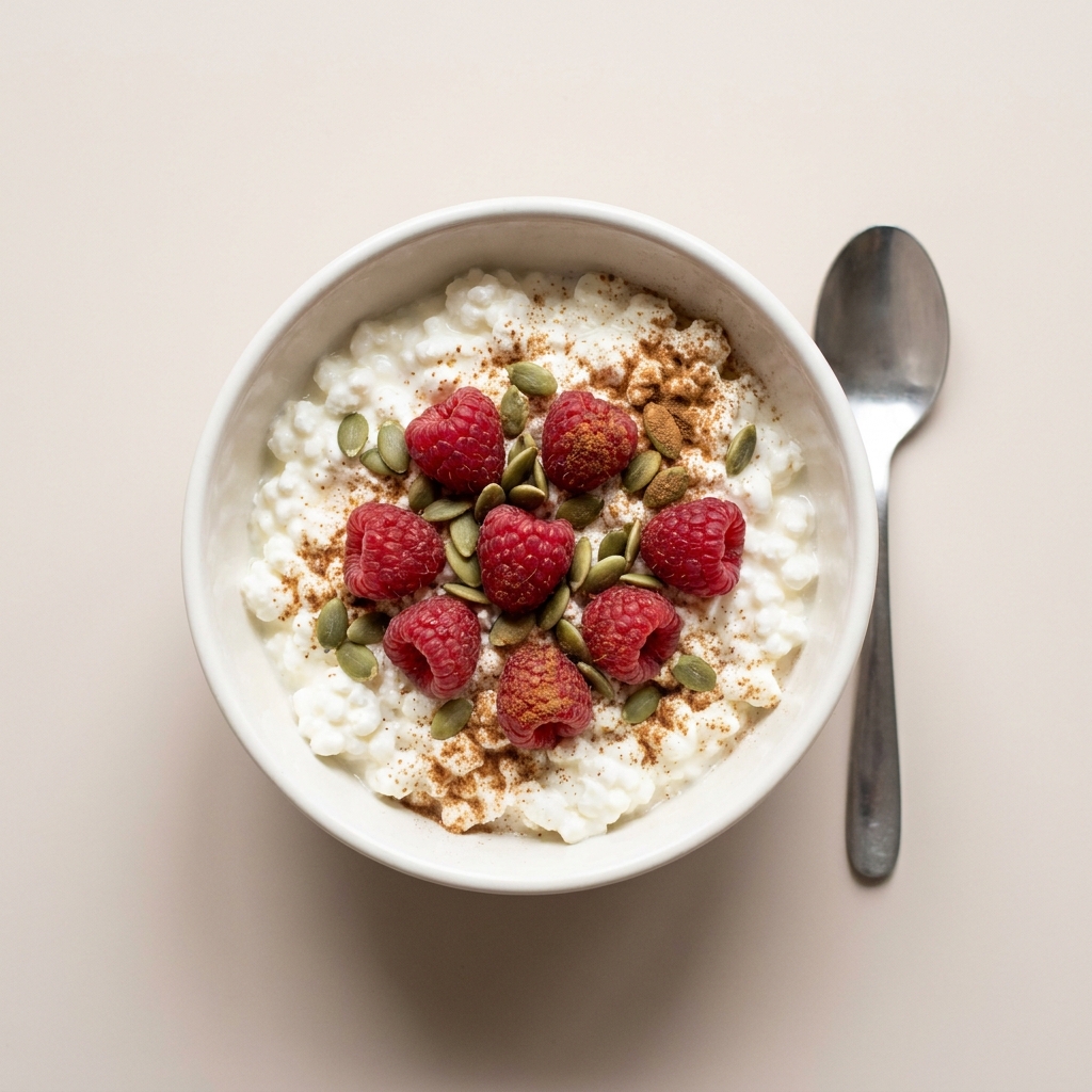 Cottage Cheese Raspberry and Pumpkin Seed Bowl, prepared as a finished Lila recipe