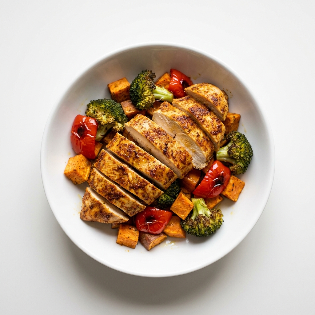 Sheet Pan Chicken Sweet Potato Meal Prep Bowl, prepared as a finished Lila recipe