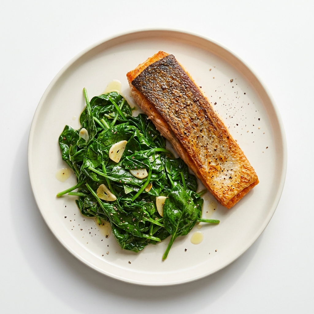 Pan-Seared Salmon With Wilted Garlic Spinach, prepared as a finished Lila recipe