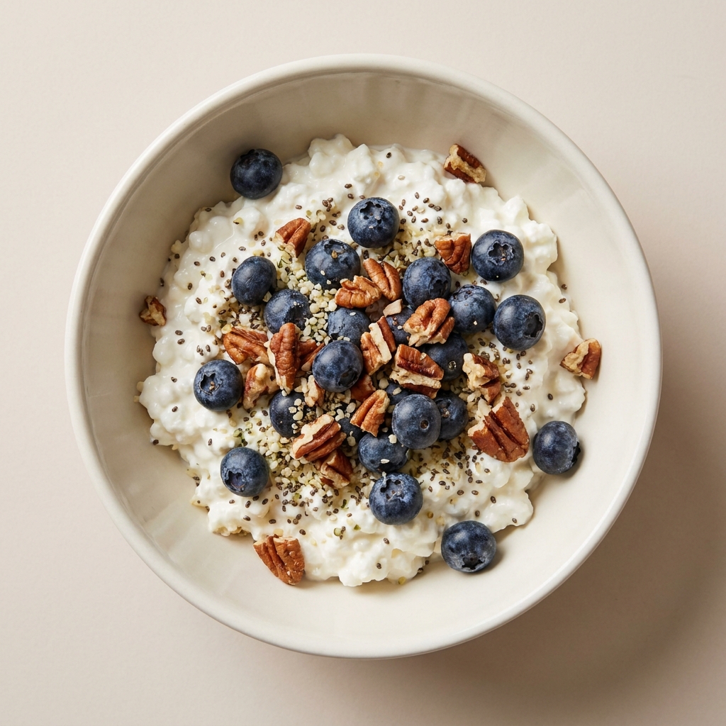 High-Protein Cottage Cheese Berry Seed Bowl, prepared as a finished Lila recipe