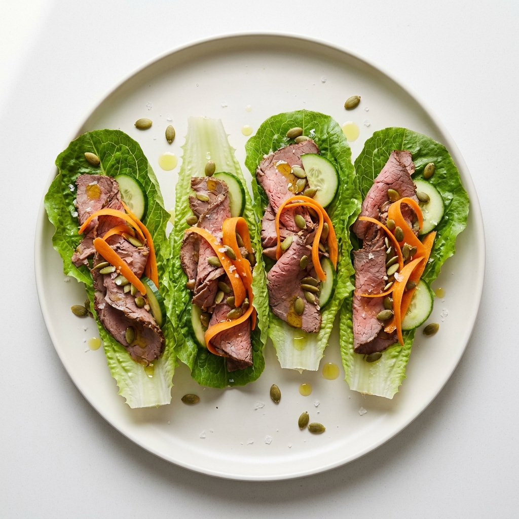 Simple Roast Beef and Cucumber Lettuce Wraps, prepared as a finished Lila recipe