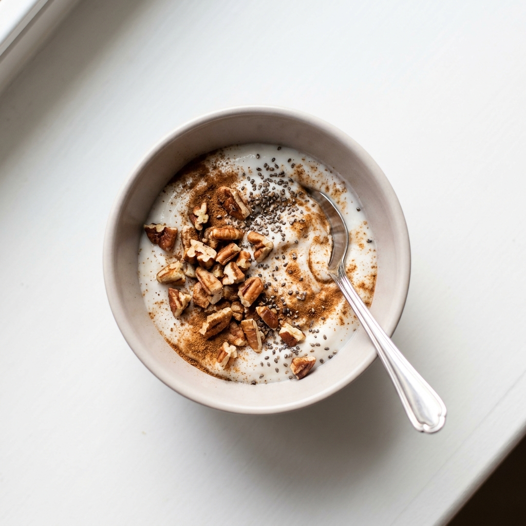 Soothing Pecan Cinnamon Evening Yogurt Bowl, prepared as a finished Lila recipe