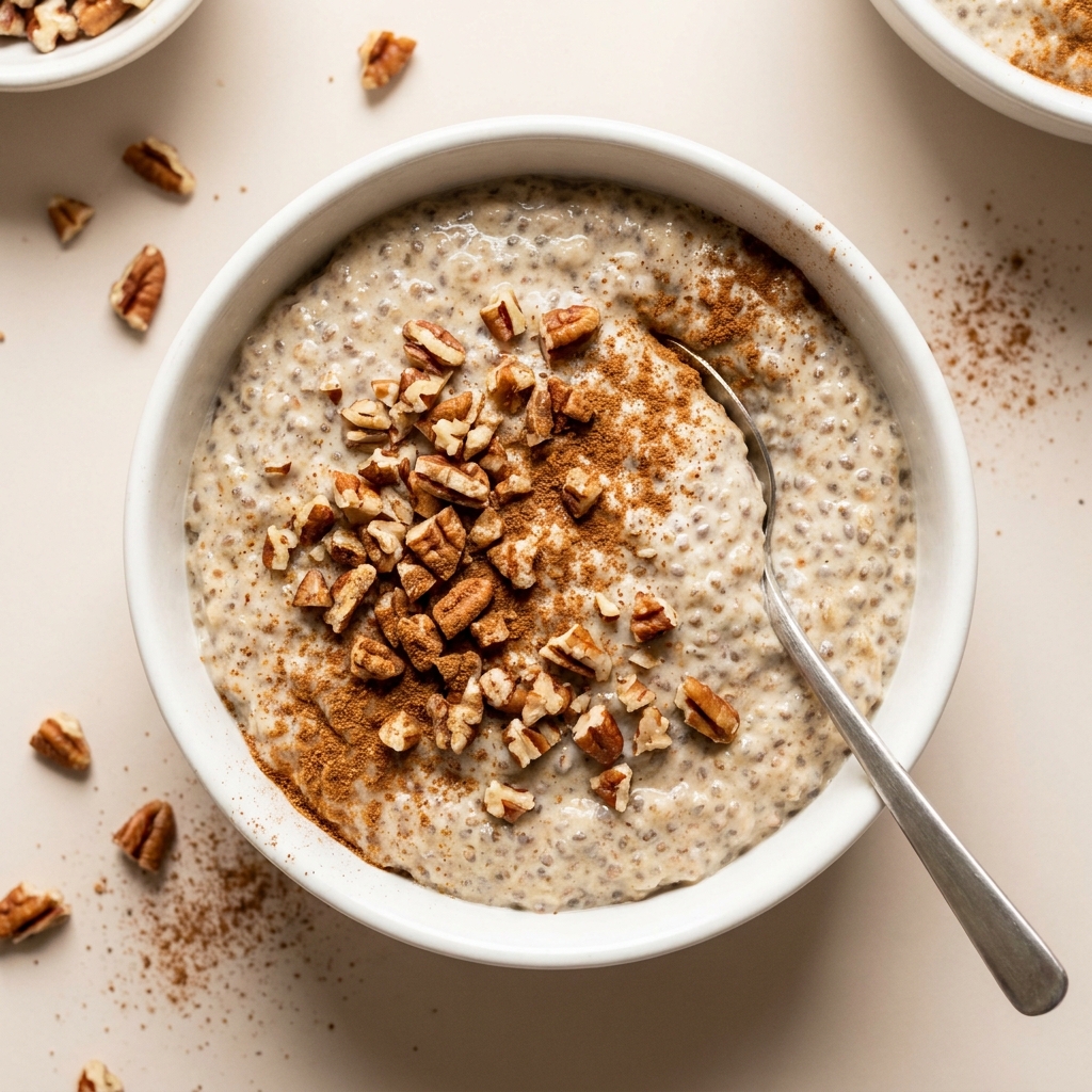 Warm Cinnamon Pecan Chia Pudding, prepared as a finished Lila recipe