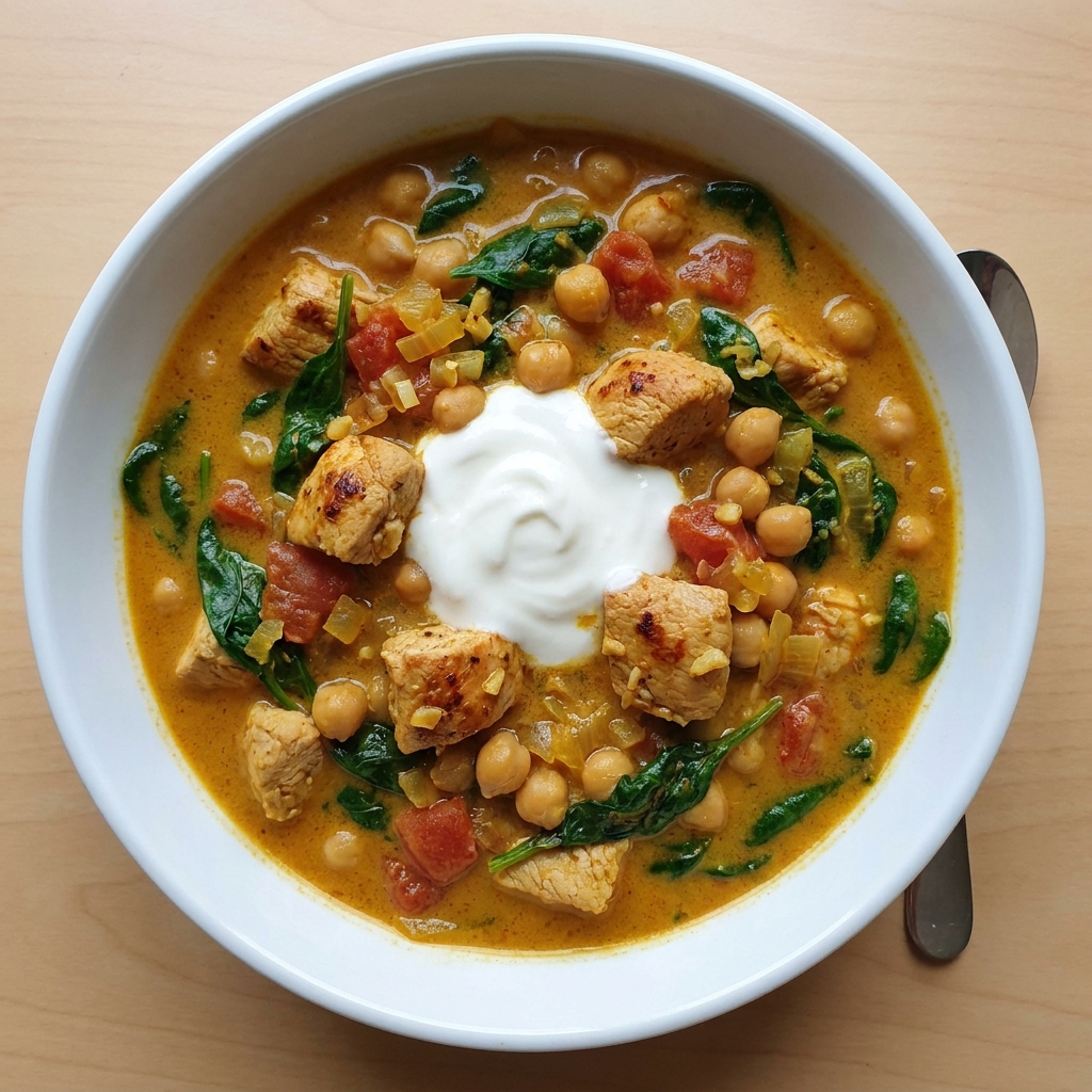 Coconut Chicken and Chickpea Curry, prepared as a finished Lila recipe