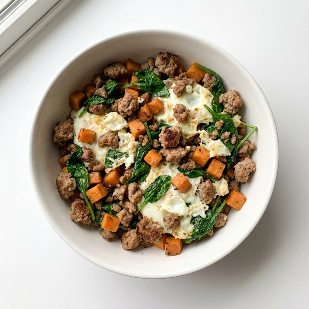 Warm Savory Turkey and Spinach Breakfast Skillet, prepared as a finished Lila recipe