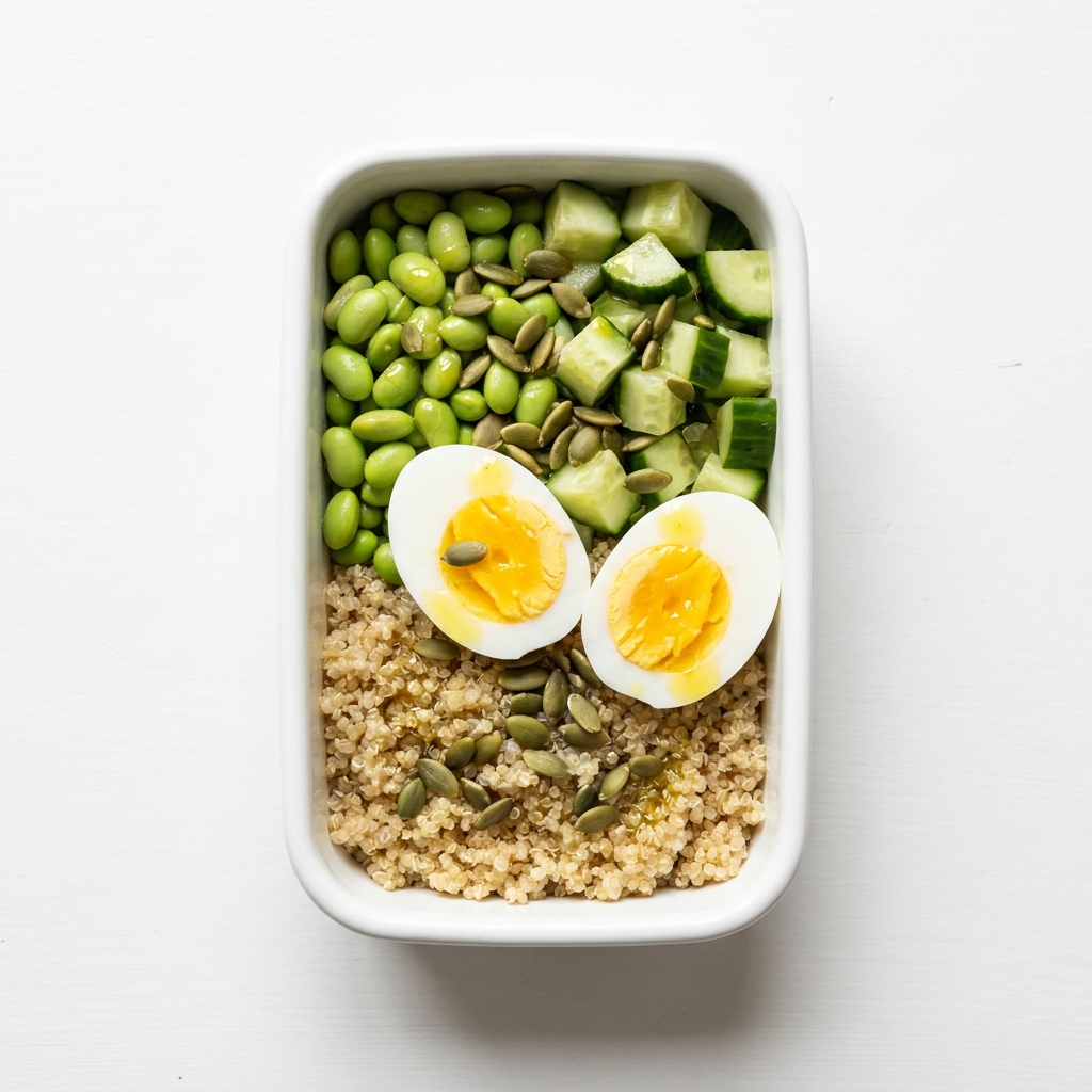 High-Protein Edamame and Egg Bento Bowl, prepared as a finished Lila recipe