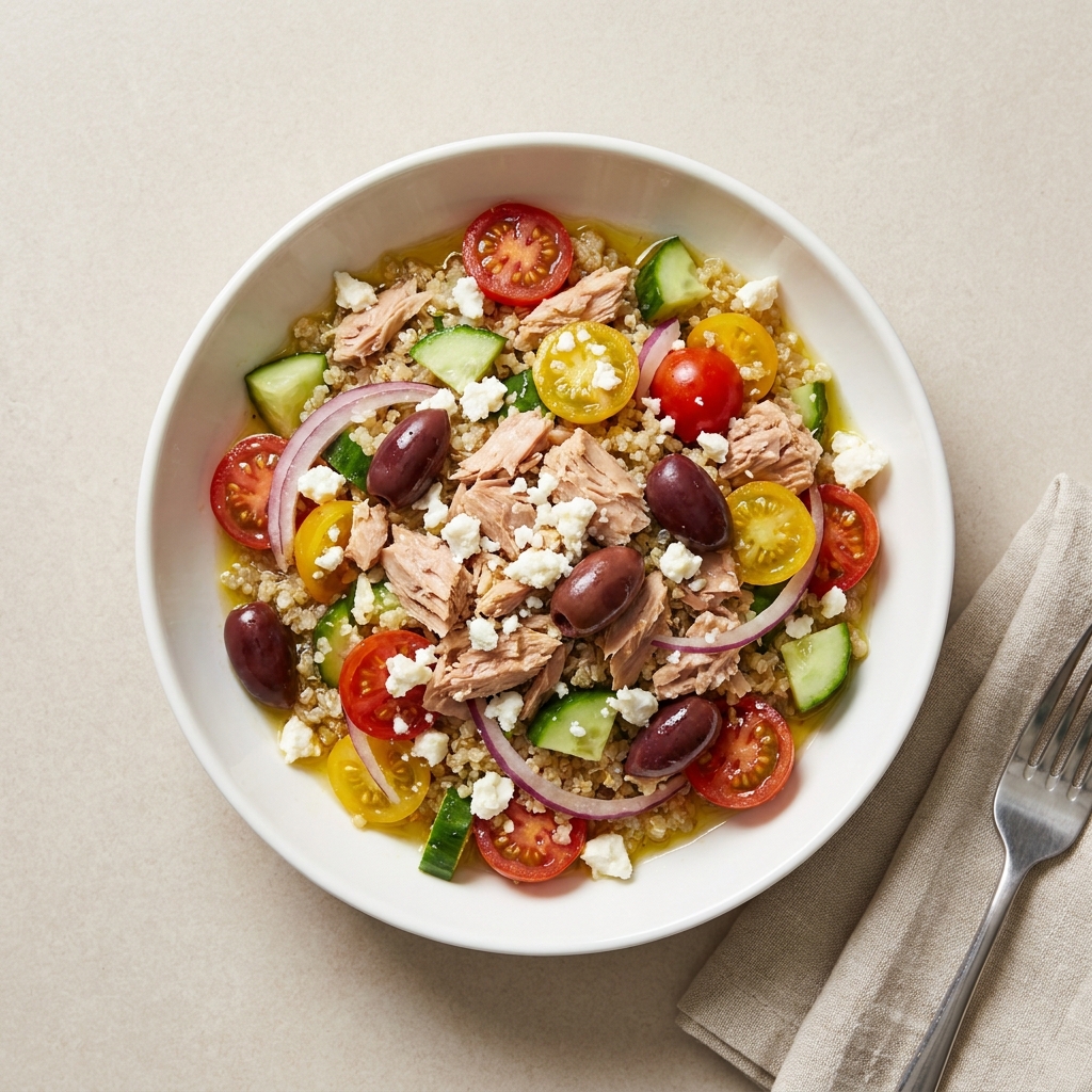 Greek Quinoa and Tuna Salad, prepared as a finished Lila recipe
