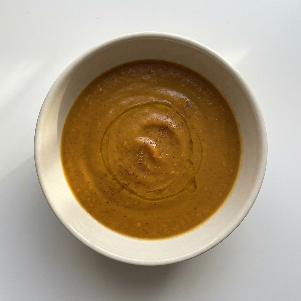 High Protein Spiced Pumpkin and Red Lentil Soup, prepared as a finished Lila recipe