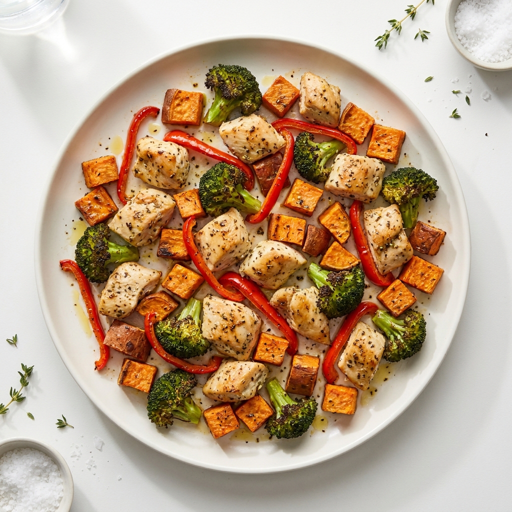 Sheet-Pan Baked Chicken with Sweet Potatoes and Vegetables, prepared as a finished Lila recipe