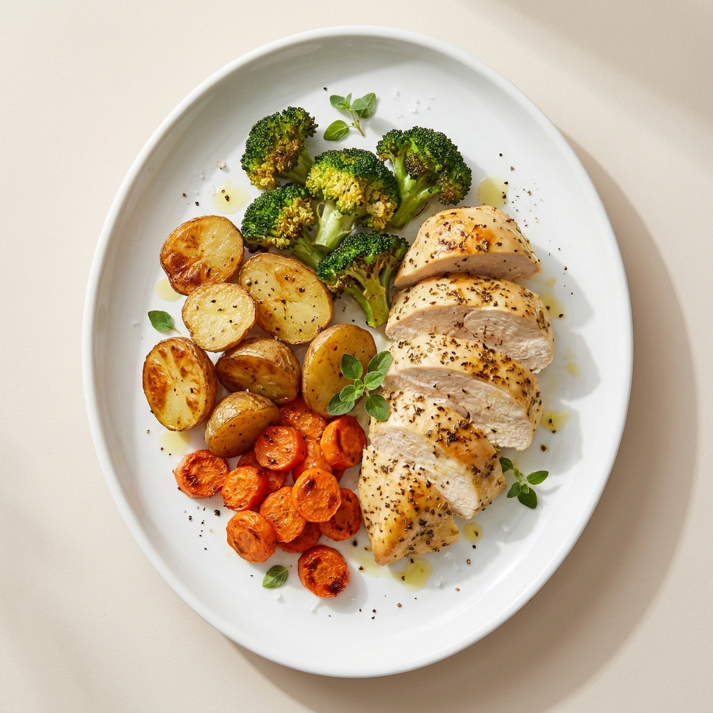 Sheet Pan Lemon Herb Chicken with Roasted Vegetables, prepared as a finished Lila recipe