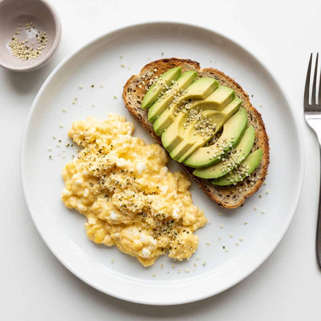 High Protein Egg Scramble with Seeded Toast, prepared as a finished Lila recipe