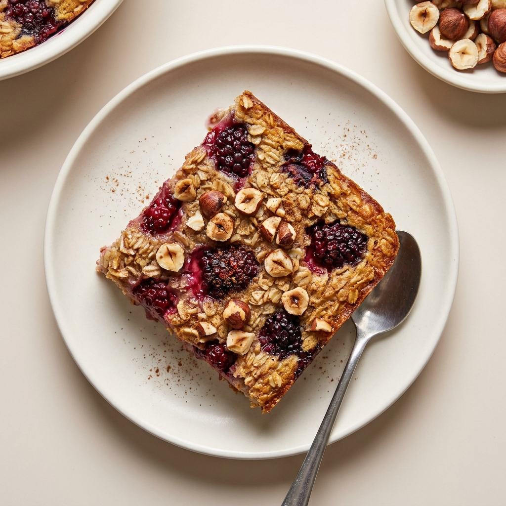 Blackberry And Hazelnut Baked Oats, prepared as a finished Lila recipe