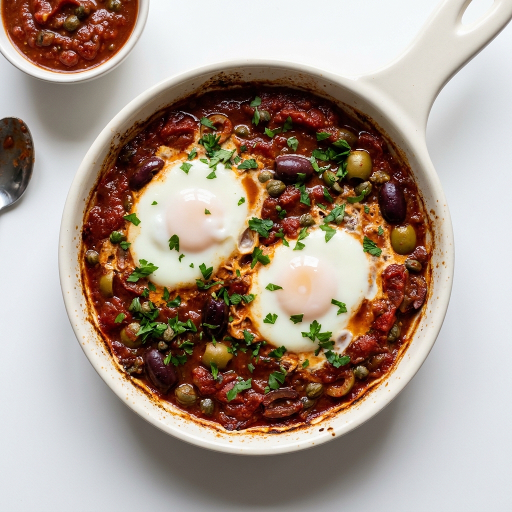 Vegetarian Puttanesca Shakshuka, prepared as a finished Lila recipe