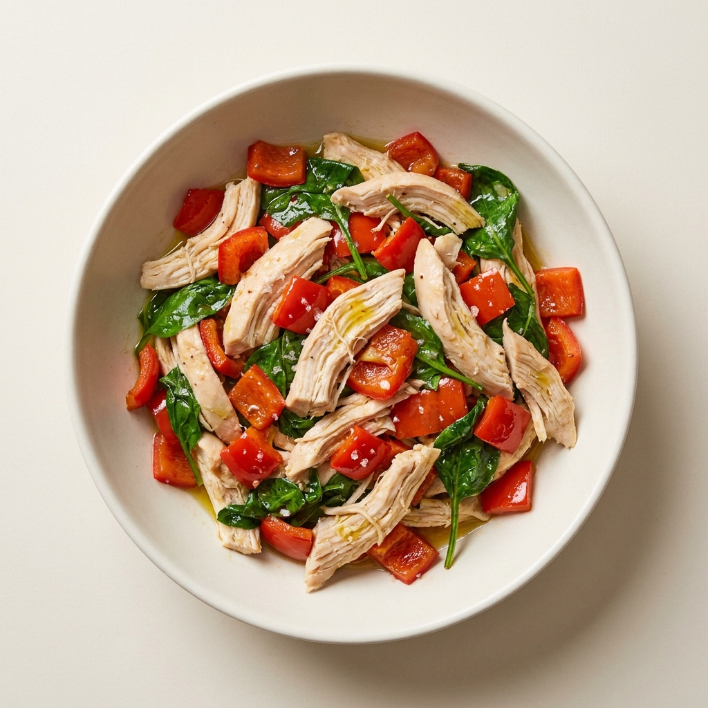 Warm Shredded Chicken and Pepper Bowl, prepared as a finished Lila recipe