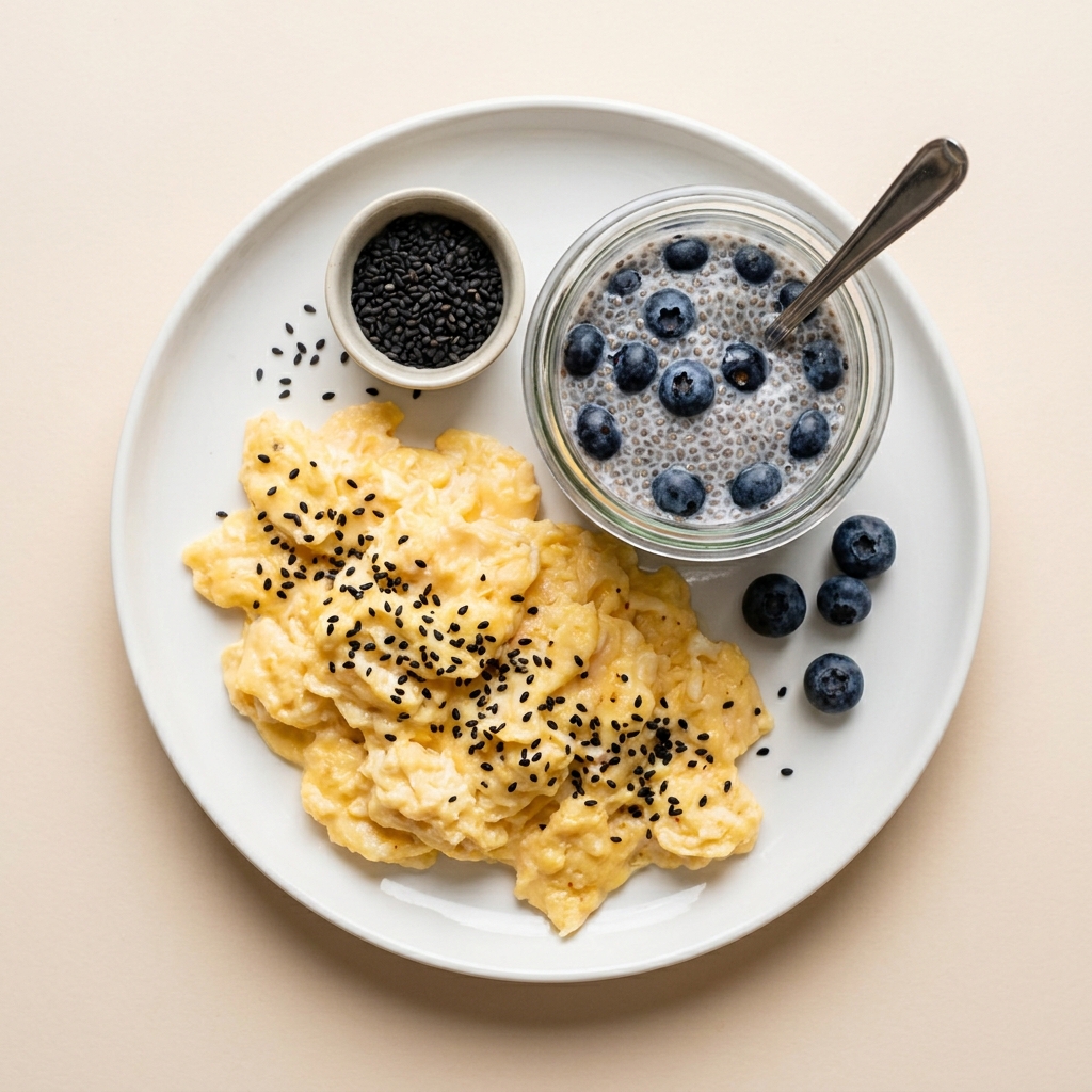 Black Sesame Scrambled Eggs with Berry Chia Pudding, prepared as a finished Lila recipe