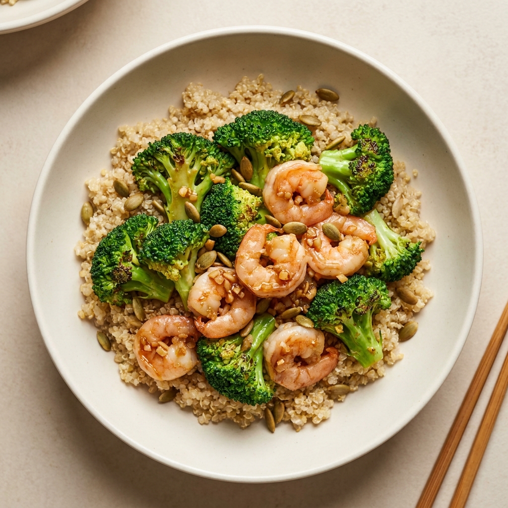 Garlic Shrimp and Broccoli Quinoa Stir-Fry, prepared as a finished Lila recipe