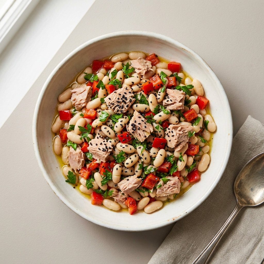 Mediterranean Tuna and White Bean Salad, prepared as a finished Lila recipe