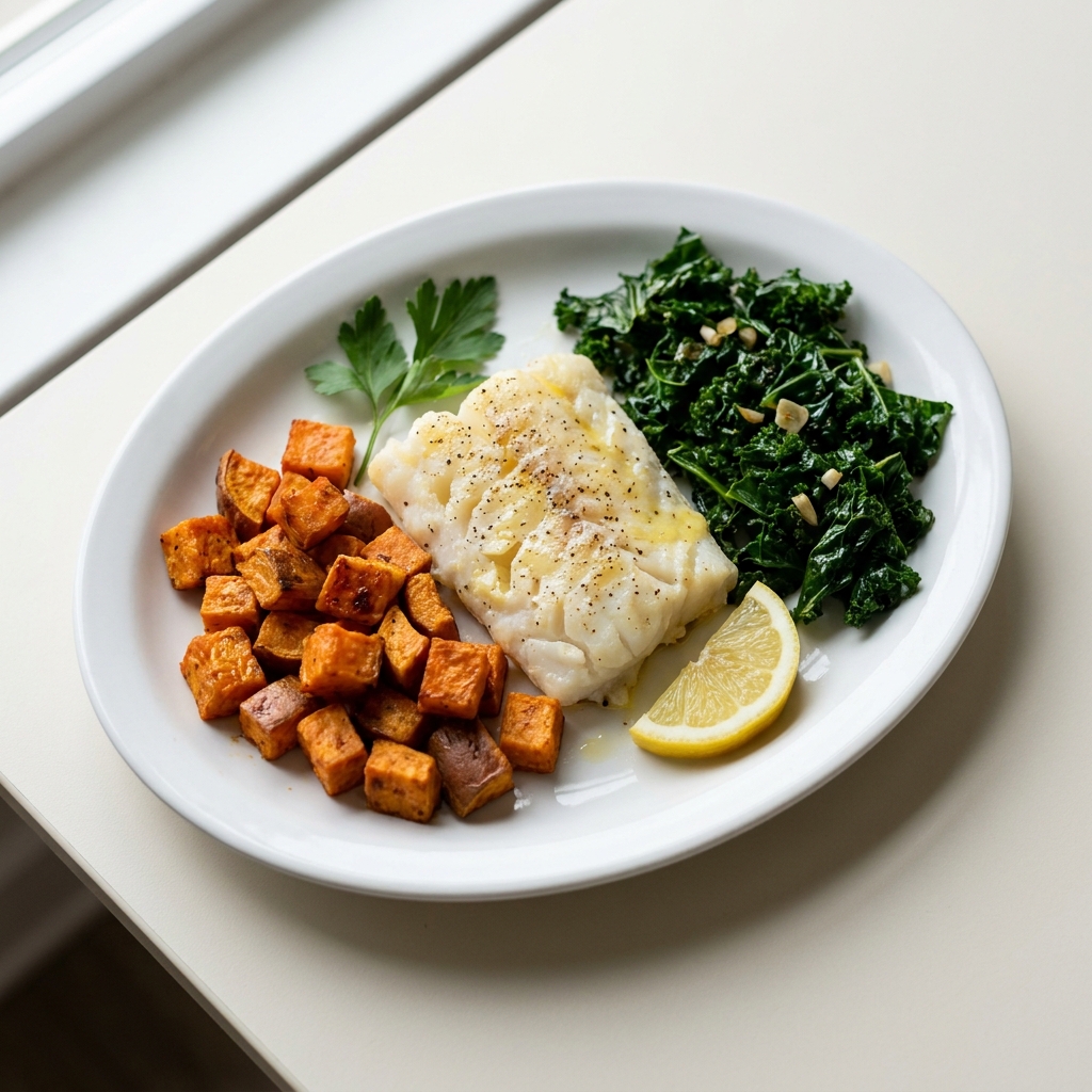 Baked Cod with Roasted Sweet Potato and Sauteed Kale, prepared as a finished Lila recipe