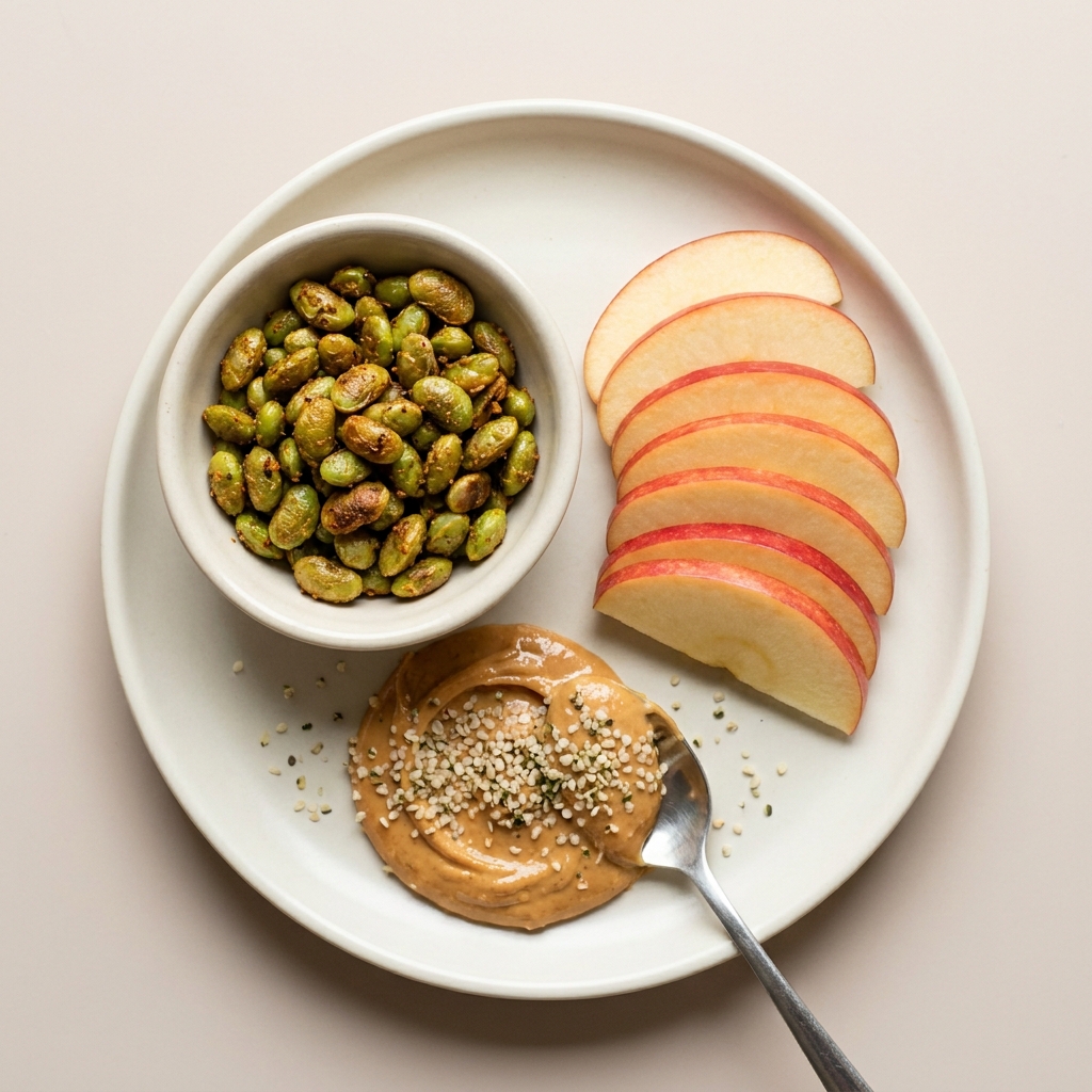 Roasted Edamame and Apple Peanut Butter Plate, prepared as a finished Lila recipe