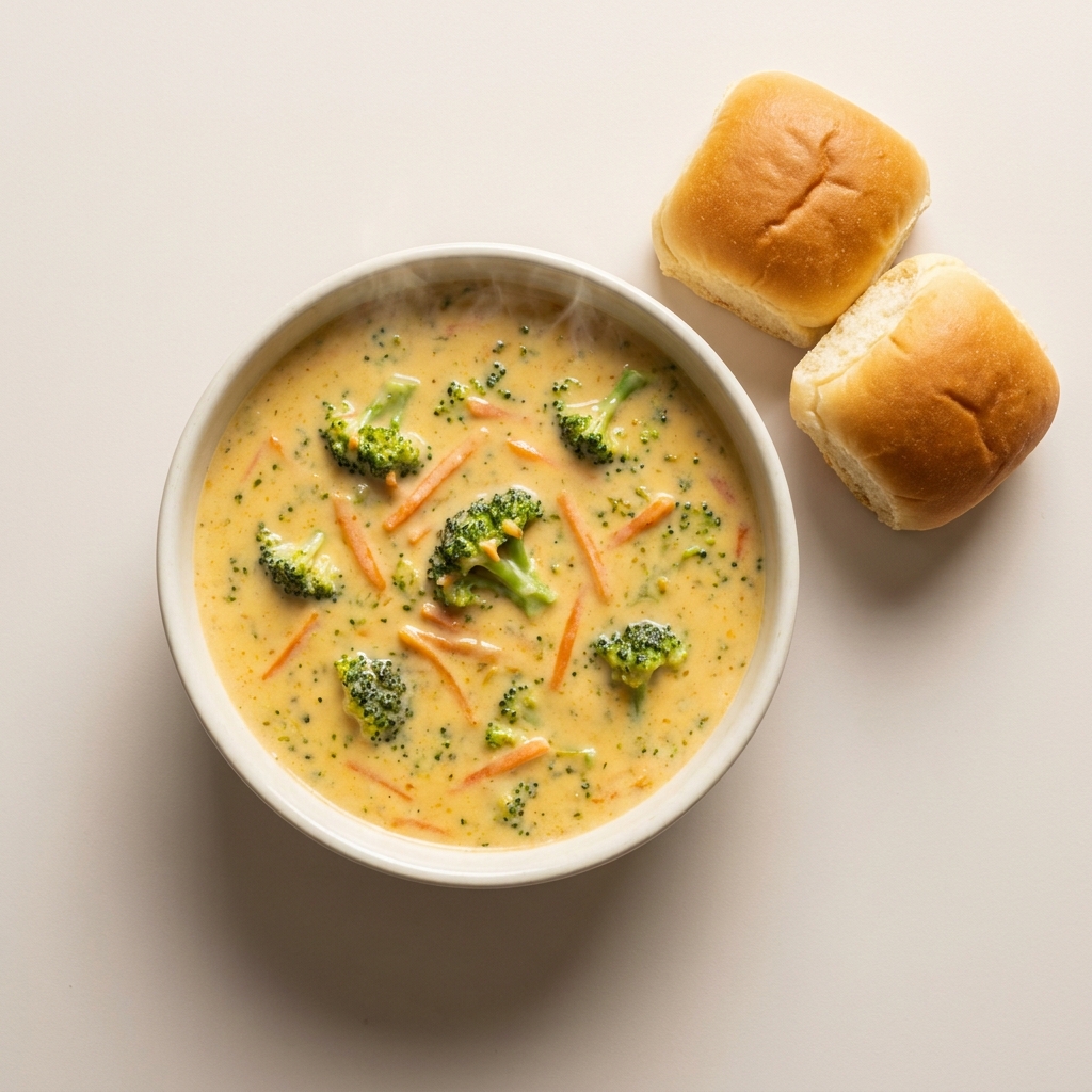 Panera Broccoli Cheddar Soup with Dinner Rolls, prepared as a finished Lila recipe