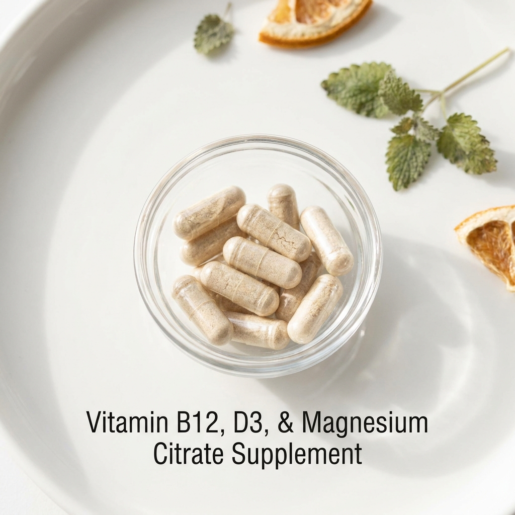 Unbranded presentation of Vitamin B12, D3, and Magnesium Citrate Supplement